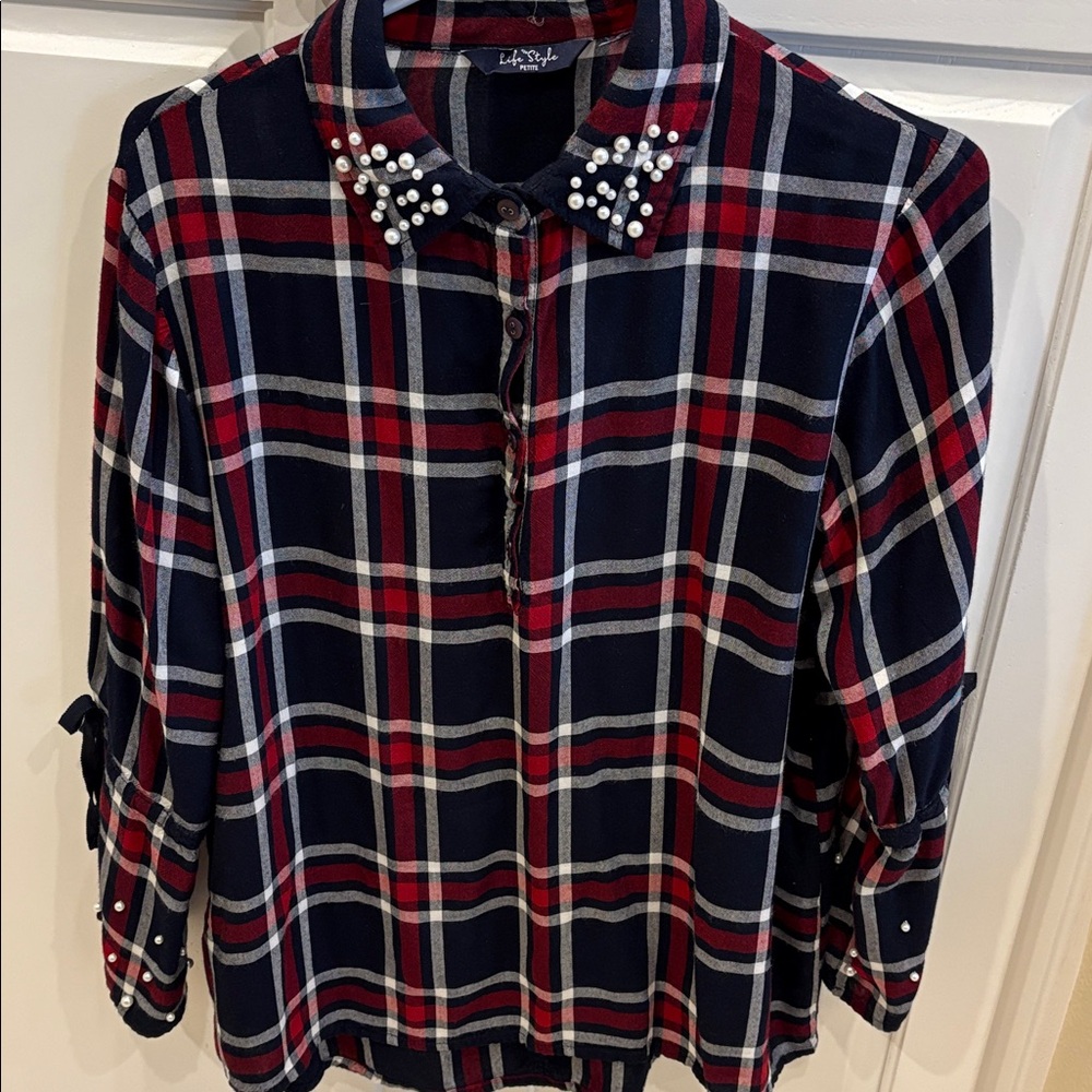 Plaid Shirt with Pearl Embellished Collar and Cuffs